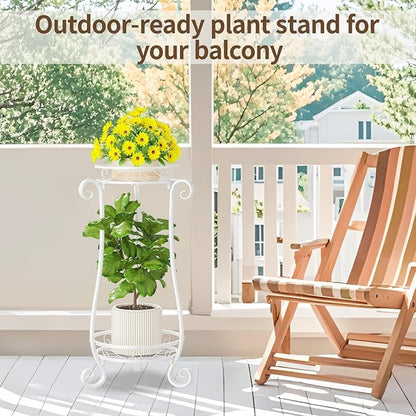 LASZOLA 2 Tier White Metal Plant Stand