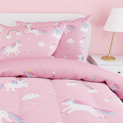 SANDJEST Unicorn Comforter Set Full Size 98x86in for Kids Girls, Microfiber 4 Pcs Bedding Set Includes 1 Comforter, 2 Pillowcases, 1 Fitted Sheet, Nursery Room Decor
