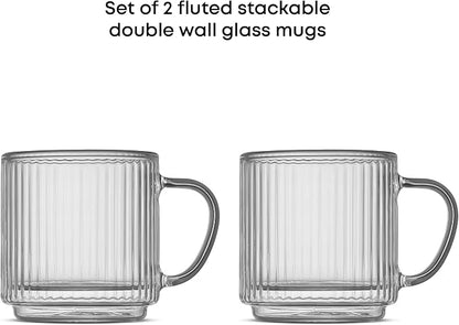 JoyJolt Haven Stackable Fluted Glass Mugs Set of 2, 5.5oz Ribbed Double Wall