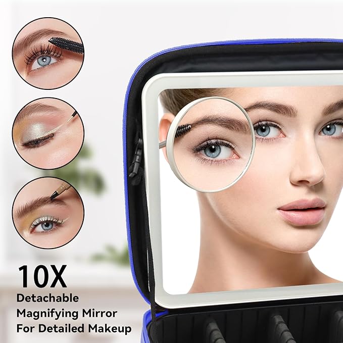 Travel Makeup Bag with LED Mirror and 10x magnifying glass with 3 Lighted Settings, Adjustable Dividers and Makeup Brush Storage Bag Dark Blue