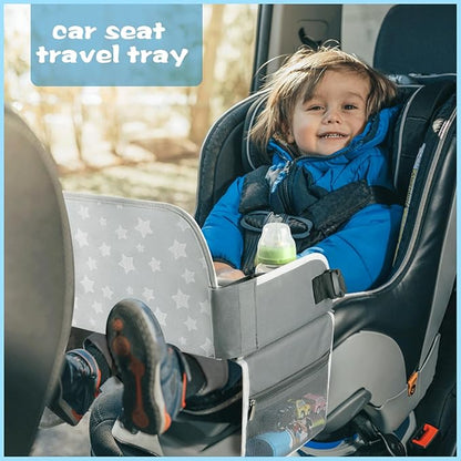 MENZOKE Kids Travel Tray Car Seat Tray for Boys or Girls Travel Gifts with Educational Drawing Board, Tablet Holder & Cooler Cup Holder, Road Trip Essentials for Car Trip, Airplane, Grey
