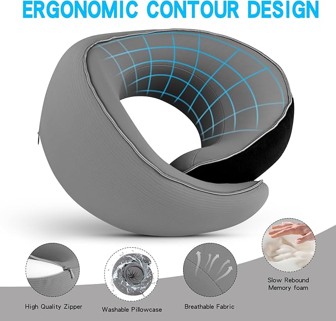 Adjustable Memory Foam Grey U-Shaped Travel Pillow with Luxurious Knitted Cotton Cover, Slow-Rebound Design for Airplane Travel and Neck Comfort, Perfect Traveler Gift