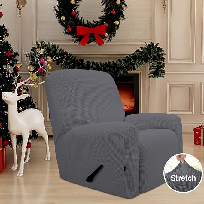 Easy-Going Recliner Stretch Sofa Slipcover Sofa Cover 4-Pieces Furniture Protector Couch Soft with Elastic Bottom Kids Spandex Jacquard Fabric Small Checks(Large,Gray)