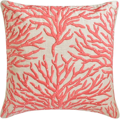 The HomeCentric King/Queen/Twin Coral, Peach & Pink Designer King 90"x18" Bed Runner Without Pillow Cover, Coral, Pearl Embroidery, Under The Sea & Beach Theme On Linen Fabric - Coraline Pearls