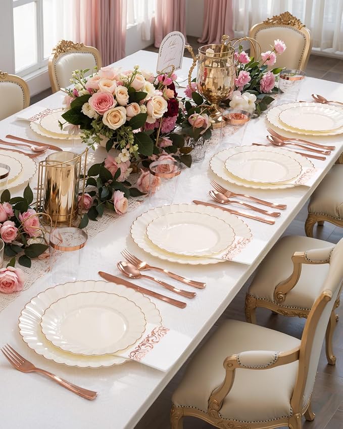 YOUBET 175PCS Ivory Scalloped Plastic Plates