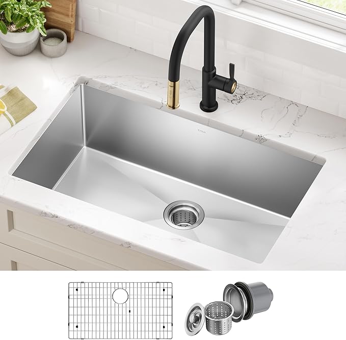 Kraus KHU100-32 Standart PRO 16 Gauge Undermount Single Bowl Stainless Steel Kitchen Sink, 32 Inch