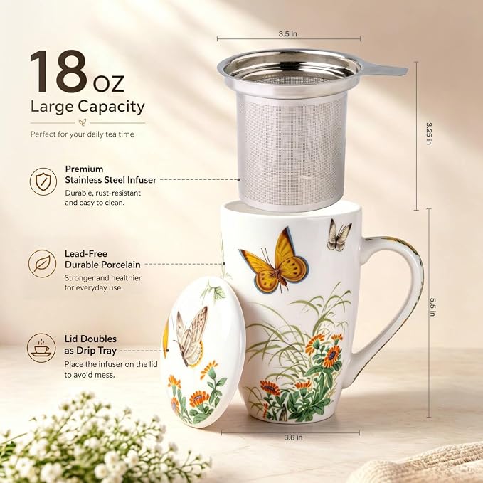 AmorArc Tea Cup With Infuser and Lid, 18oz Loose Leaf Tea Mug With Steeper |