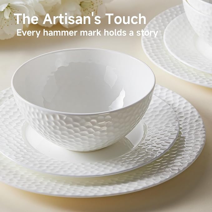 12Pcs Hammered Rim White Bone China Set, Service
