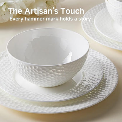 12Pcs Hammered Rim White Bone China Set, Service
