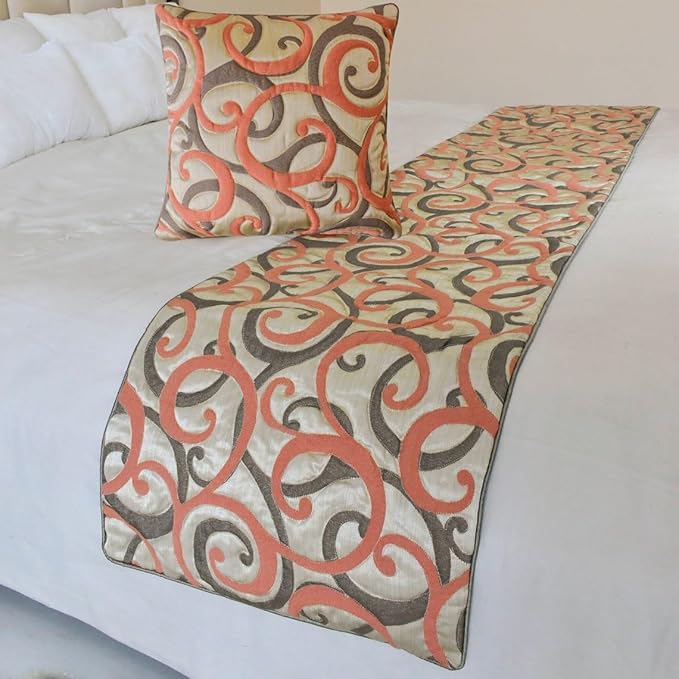 The HomeCentric King/Queen/Twin Orange Luxury Twin 53"x18" Bed Runner with Two Pillow Cover, Scroll, Jacquard & Quilted Bed Scarf on Jacquard Fabric - Scroll Cascade