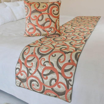 The HomeCentric King/Queen/Twin Orange Luxury Twin 53"x18" Bed Runner with Two Pillow Cover, Scroll, Jacquard & Quilted Bed Scarf on Jacquard Fabric - Scroll Cascade