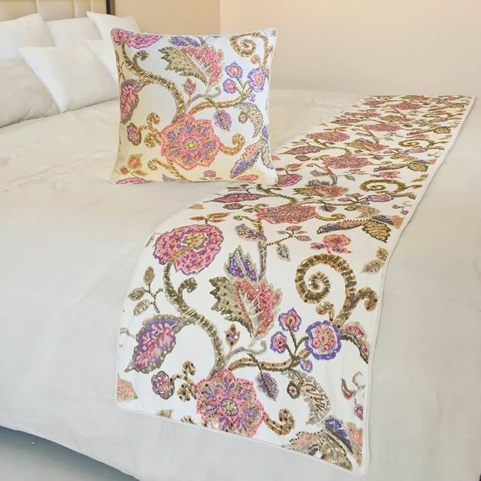 The HomeCentric King/Queen/Twin White & Pink Designer King 90"x18" Bed Runner Without Pillow Cover, Floral, Printed, Sequins, Beaded, Embroidery & Handmade Bed Scarf on Cotton Fabric - Aster