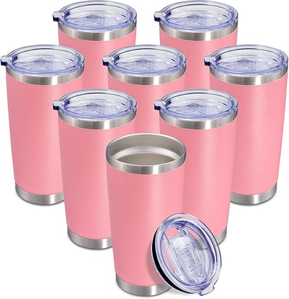 20 oz Tumbler Coffee Tavel Tumblers Bulk with Lid Stainless Steel Double Wall Vacuum Insulated Mug Powder Coated Cups fit Car Cupholder for Hot and Cold - Pink, 8Pack