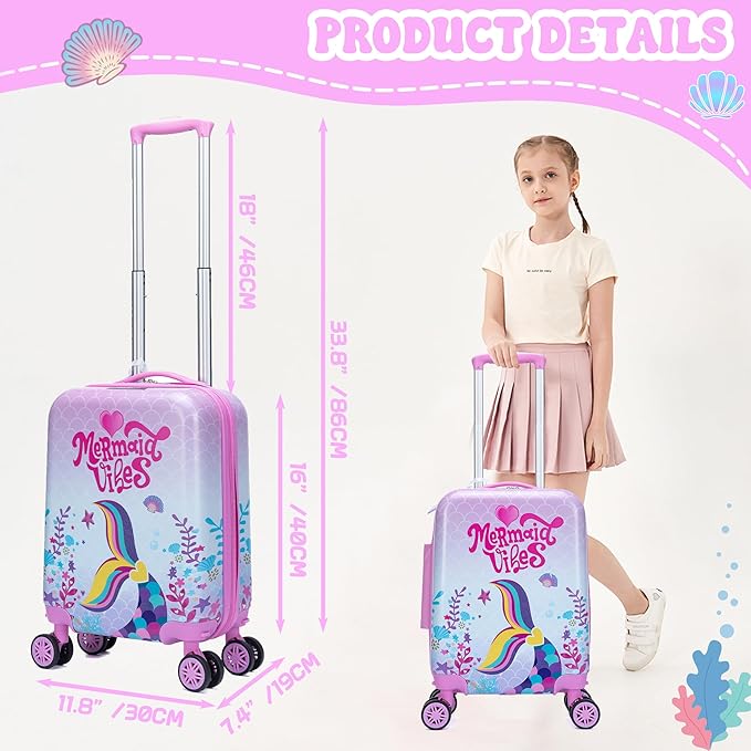 Cute Mermaid Kid’s Luggage Set 2 Piece Suitcase Set 16" Hardside Luggage with Spinner Wheels Girls Carry on Toddler Travel Rolling Luggage Airline Approved