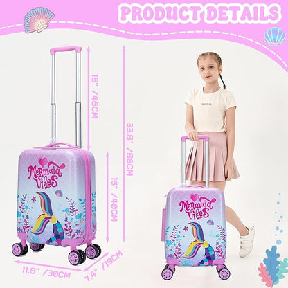 Cute Mermaid Kid’s Luggage Set 2 Piece Suitcase Set 16" Hardside Luggage with Spinner Wheels Girls Carry on Toddler Travel Rolling Luggage Airline Approved