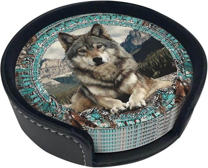 6 Pack Native American Wolf Turquoise Leather Coasters