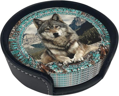 6 Pack Native American Wolf Turquoise Leather Coasters