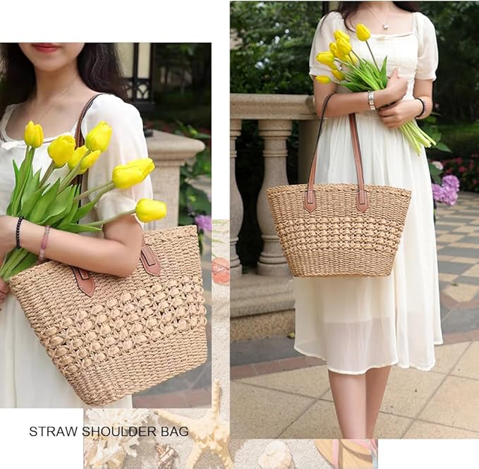 Straw Beach Bags for Women Woven Beach Tote Bag Casual Boho Large Shoulder Handbags Purse for Vacation Holiday
