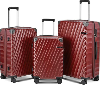 Luggage sets 3 piece with Spinner Wheels, PC Hard Shell Travel Luggage, Carry On suitcase with TSA Lock,YKK Zippers,Charcoal Metallic (Red, 3 Piece Sets(20/24/28))