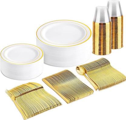 bUCLA 150PCS Gold Plastic Dinnerware Set Disposable