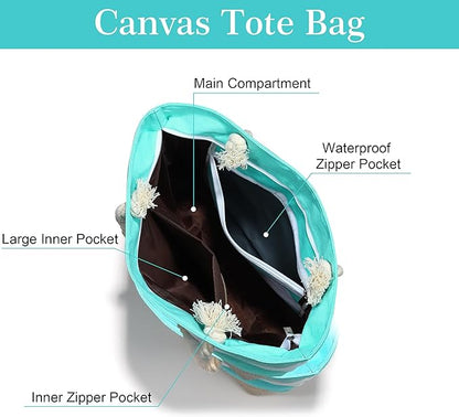 YOOLIFE Initial Canvas Waterproof Beach Tote Bag Zipper Personalized Gifts for Women Her Birthday Travel Beach Essential
