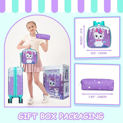 Cute Cat Kid’s Luggage Set 5 Piece Suitcase Set 16’’ Hardside Luggage with Spinner Wheels Girls Boys Carry on Toddler Luggage Travel Rolling Luggage Carry on Luggage Airline Approved