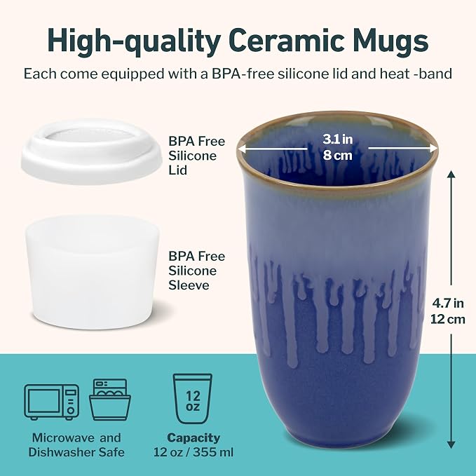 NOVA CERAMICS Ceramic Tumbler– Blue Ceramic Mug – Microwave & Dishwasher Safe