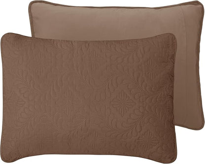 Easy-Going King Size Reversible Quilt Set with 1 Quilt and 2 Pillow Shams, Soft Bed Quilt Cover, Water Resistant Lightweight Microfiber Bedspread, Stain Resistant, Olive Leaf-Brown/Beige
