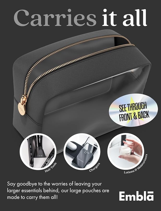 Clear Makeup Bag Zipper Pouch, Transparent Cosmetic Case Organizer, TSA Approved Travel Toiletry Case, Travel Accessories Essentials Makeup Tote for Women, Large Cute Make up Bag for Purse - Black