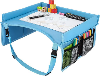 Children Auto Lap Pad - Travel Tray Tablet Holder，Car Seat Lap Tray for Toddlers, Kids，Use on Airplanes, Road Trips, Lap Desk，Tablet Holder and Carry Bag (Blue)