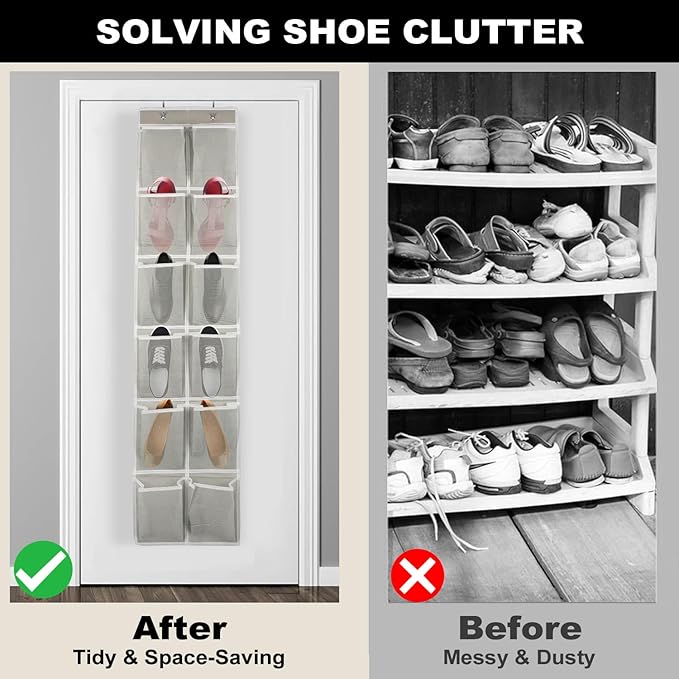 Over the Door 12 Pocket Hanging Shoe Organizer, Gray