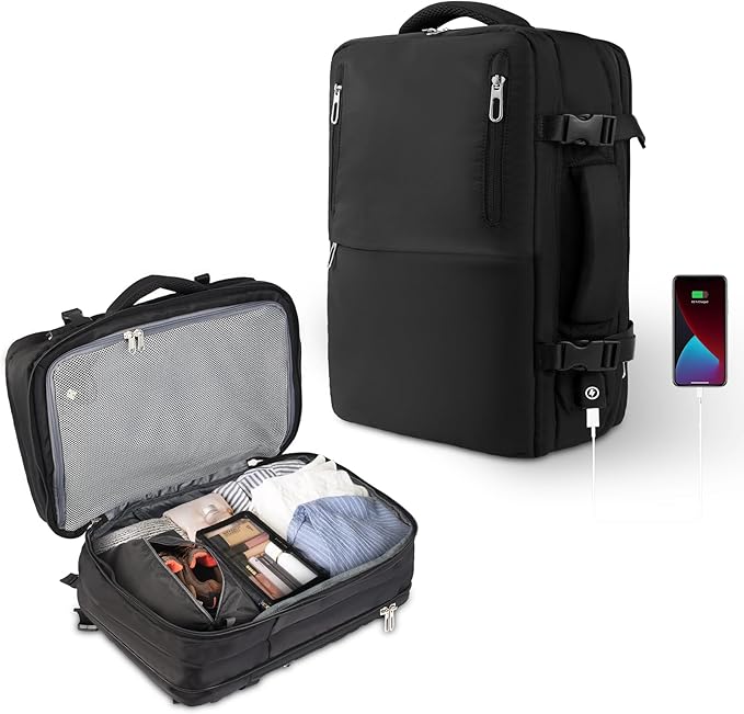 Travel Laptop Backpack with USB Charging Port Business Anti Theft Water Resistant Flight Approved Expandable Backpack (black)