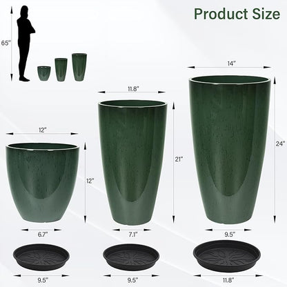 24/21/12 Inch Large Plastic Planter, Lightweight Ceramic-Look Tall Planters