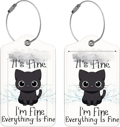 2 Pcs Luggage Tags for Suitcase, Cute Unique PU Leather Travel Bag Tag with Privacy Cover ID Label Address Card and Durable Metal Ring Suitable for Men Women Children Backpack,Cat Under A Dark Cloud