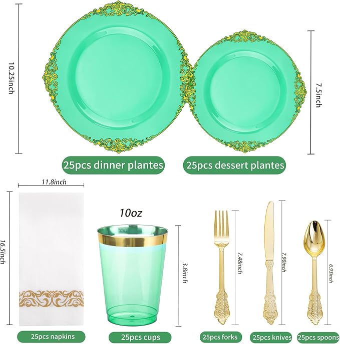 175 Pcs Clear Green Plates for Party | Elegant Disposable Dinnerware for 25