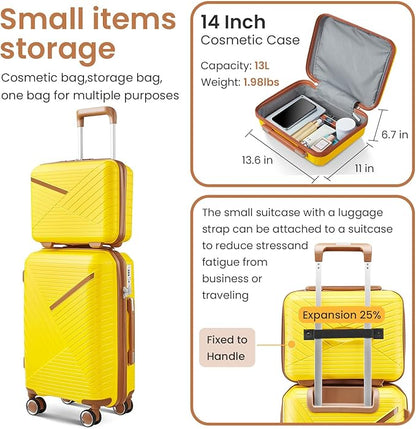 Campfun Luggage Sets 4 Piece, Expandable Carry On Luggage Set Hardshell PP, Suitcase Set with Double Spinner Wheels, Checked Durable Lightweight with TSA Lock, 14/20/24/28in, Yellow Brown(B)