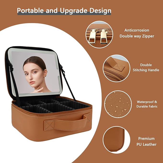 Makeup Bag with Led Mirror,Travel Makeup Organizer with 3 Color Setting, Portable Storage and Adjustable Dividers Travel Makeup Bag(CARAMEL COLOR)