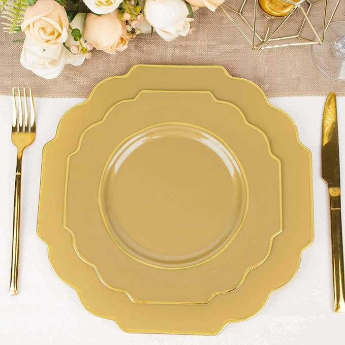Gold Hard Plastic Dessert Plates, 50 Pack 8" Disposable Round Baroque Plates