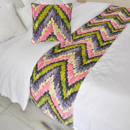 The HomeCentric King/Queen/Twin Pink & Purple Luxury King 90"x18" Bed Runner with One Pillow Cover, Chevron, Quilted Bed Scarf on Velvet Fabric - Artful Chevron