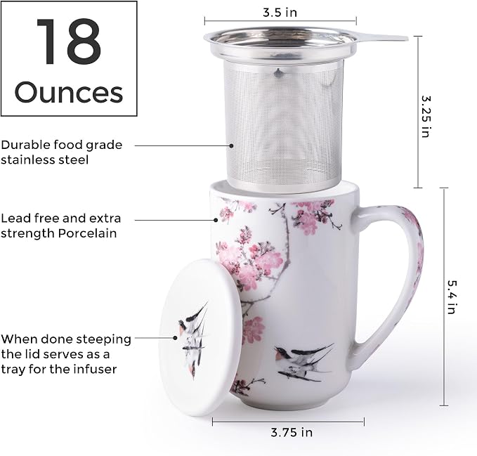 AmorArc Tea Cup With Infuser and Lid, 18oz Loose Leaf Tea Mug With Steeper |