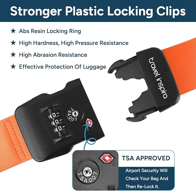 Travel Inspira Luggage Straps for Suitcases Travel Belt for Luggage TSA Approved Luggage Straps, Suitcase Straps 3-Dial Combination Locks Adjustable Suitcase Belt, Quick-Release Buckle (Orange)