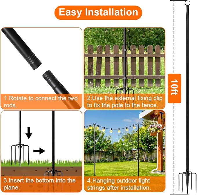 6 Pack 9FT String Light Poles for Outdoor, Metal Lights Hanging Pole Outside