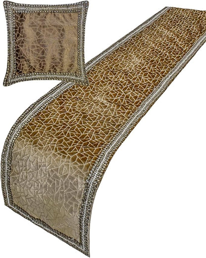 The HomeCentric King/Queen/Twin Brown Decorative Bed Runner Full 68"x18" Bed Runner Without Pillow Cover, Border, Crystal, Cut Velvet, Mosiac Pattern Bed Scarf on Velvet Fabric - Velvet Fusion