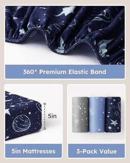Pack and Play Sheets Fitted 3 Pack, Mini Crib Sheets for Pack N Play Mattress Stretchy Portable Playard Sheets, Soft Breathable Blue Gray Planet