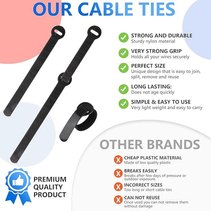 100 x Colourful Reusable Cable Ties, Cable Straps, Adjustable Cable Ties, Strong Hook and Loop Cable Straps with Buckle for TV Cables, PC Cables and Desk Organisation