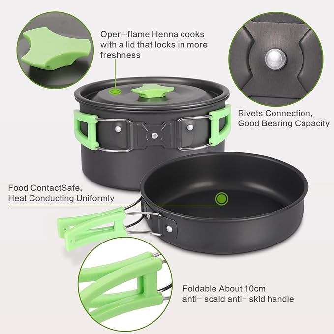 PELLOR Camping Cookware Set, 17pcs Portable Camping Mess Kit with Non-Stick Aluminum Pots, Pans Set and Folding Fork, Lightweight Backpacking Camping Gear for Outdoor/Camping/Picnic/Hiking