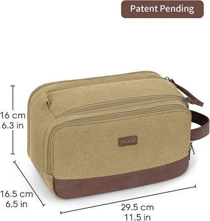 WANDF Toiletry Bag for Men Travel Toiletry Organizer Canvas and Leather Dopp Kit Water-Resistant Shaving Bag for Travel Accessories (Classic Khaki, Large)