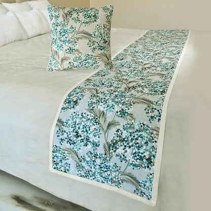 The HomeCentric King/Queen/Twin Blue Decorative Full 68"x18" Bed Runner Without Pillow Cover, Cotton & Pearl Embroidery Bed Scarf on Cotton Fabric - Blue Star Fauna