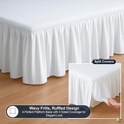 Cottington Lane Ruffled Bed Skirt King Size with Split Corner, Brushed Microfiber Hotel Quality White Dust Ruffle, 15 Inch Drop Gathered Bedskirt, Soft and Stylish, Shrinkage and Fade Resistant