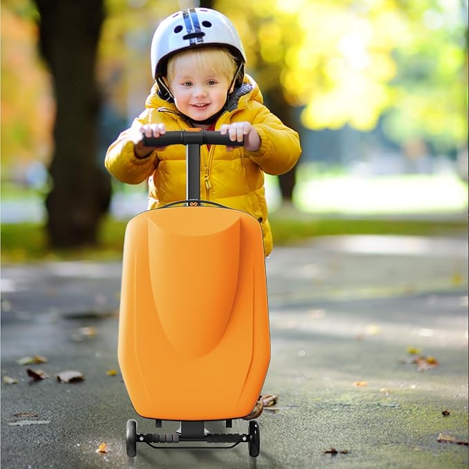 Scooter Hardshell Kids' Luggage, Foldable Carry on Kids Suitcase with Telescopic Handle for Travel, Multifunctional Ride On Lightweight Luggage with Wheels, Vitality Orange